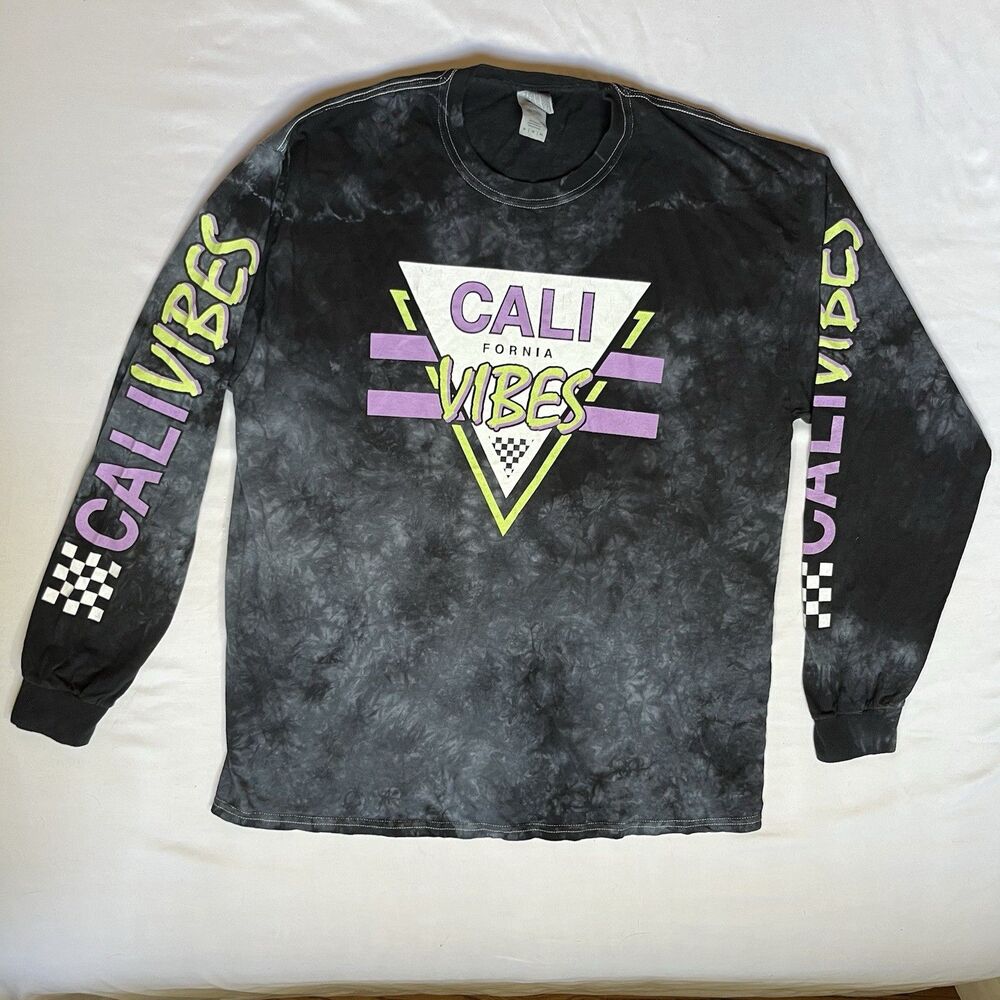 Grey & Black Tie Dye 'California Vibes' T Shirt XL Long Sleeve Spell out Tee